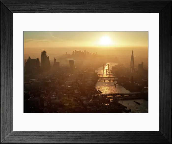 Framed Print : UK, London, Aerial view of city and Thames river at sunset Framed Print : UK, London, Aerial view of city and Thames river at sunset