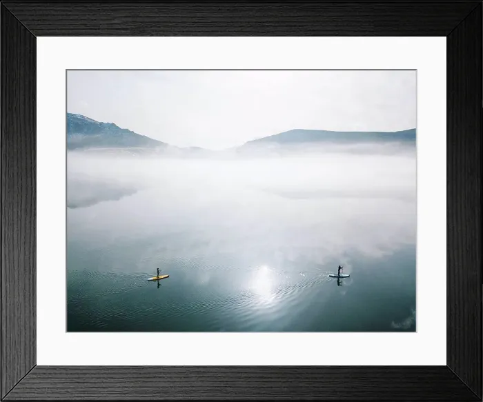 Framed Print : Aerial view of two people stand up paddle surfing, Leon, Spain