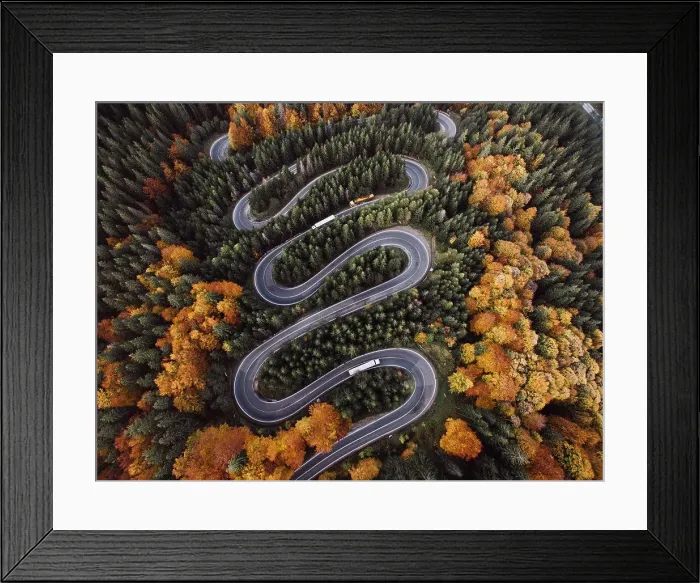 Framed Print : Aerial View of Epic Winding Road and Cars During Autumn Framed Print : Aerial View of Epic Winding Road and Cars During Autumn