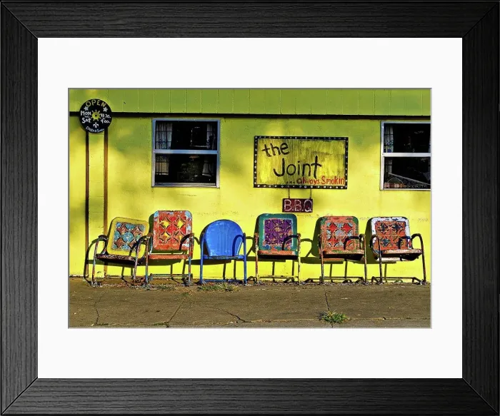 Framed Print : Colorful chairs at a bar-be-que restaurant, The Joint, Bywater, Ninth Ward, New Orleans, Louisiana, USA Framed Print : Colorful chairs at a bar-be-que restaurant, The Joint, Bywater, Ninth Ward, New Orleans, Louisiana, USA