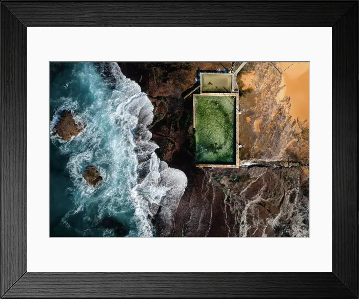 Framed Print : Aerial view of a natural rock pool along Robert Dunn Reserve coastline, Moan Vale, New South Wales, Sydney, Australia Framed Print : Aerial view of a natural rock pool along Robert Dunn Reserve coastline, Moan Vale, New South Wales, Sydney, Australia