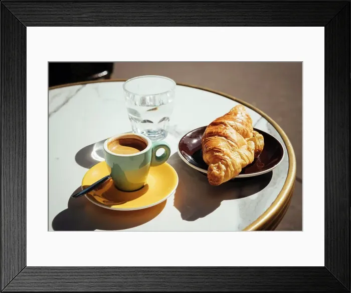 Framed Print : France, Paris, Croissant, coffee and glass of water on sidewalk cafe table
