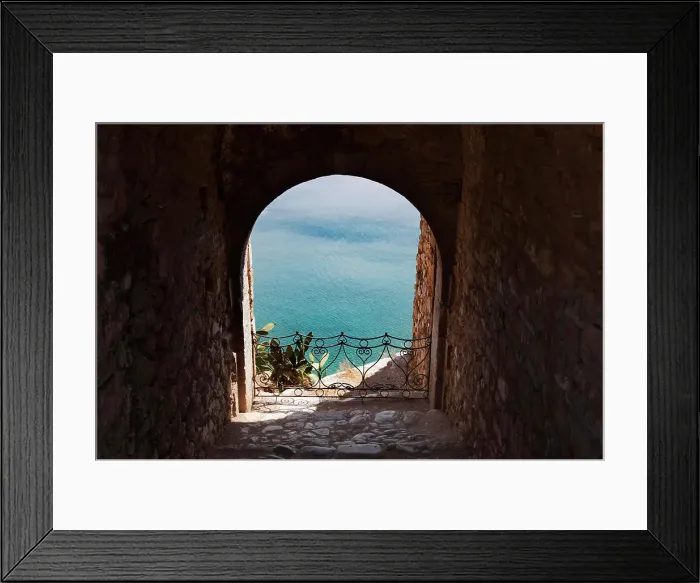 Framed Print : Archway view of blue sea, Nafplio, Greece Framed Print : Archway view of blue sea, Nafplio, Greece
