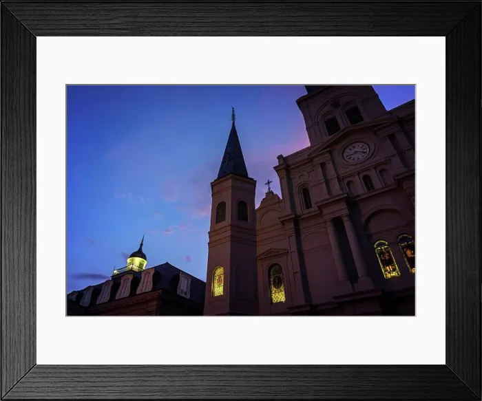 Framed Print : St. Louis Cathedral, the heart of New Orleans and located in The French Quarter as dusk falls on the city