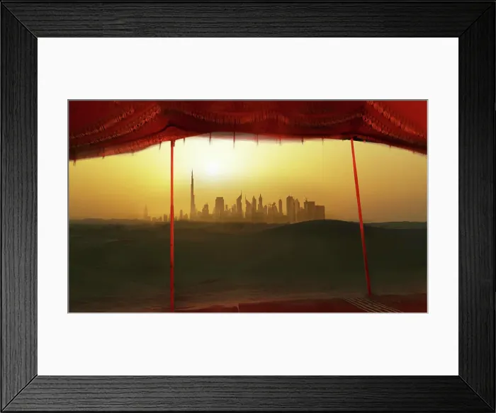 Framed Print : Futuristic cityscape from bedouin tent, Dubai, United Arab Emirates Framed Print : Futuristic cityscape from bedouin tent, Dubai, United Arab Emirates