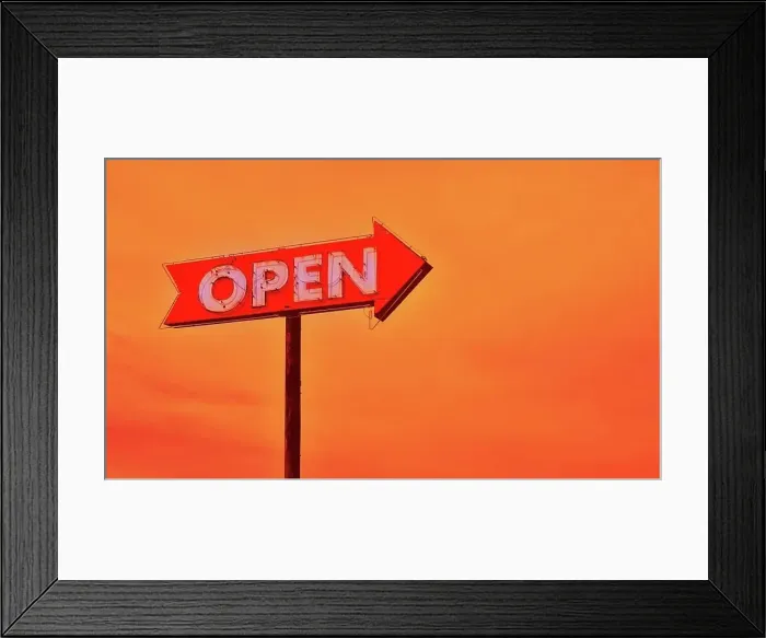 Framed Print : Open neon old sign in route 66 at sunset