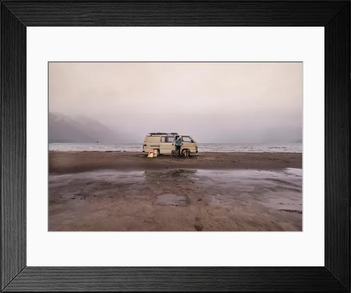 Framed Print : Woman and pet dogs by camper van on beach, Chile Framed Print : Woman and pet dogs by camper van on beach, Chile