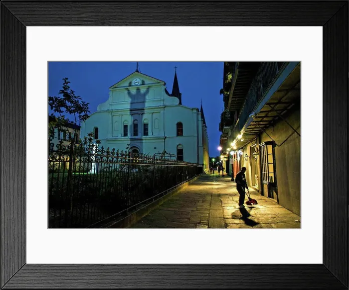 Framed Print : Touchdown Jesus, and a silhoutted street sweper. The French Quarter, New Orleans Framed Print : Touchdown Jesus, and a silhoutted street sweper. The French Quarter, New Orleans