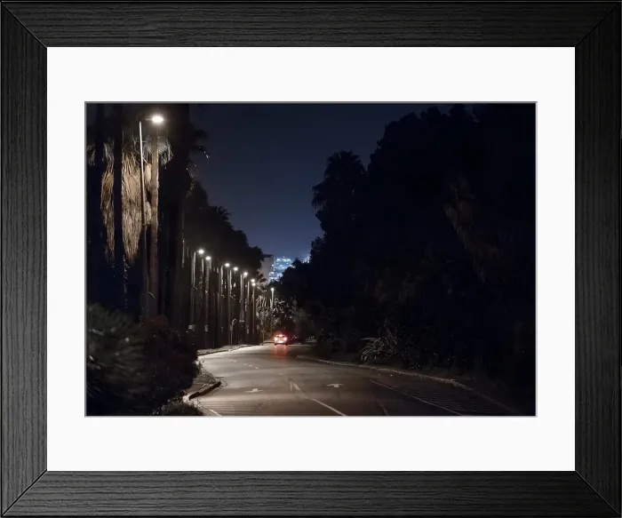 Framed Print : Car break lights and street lamps on city road at night, Barcelona, Spain Framed Print : Car break lights and street lamps on city road at night, Barcelona, Spain