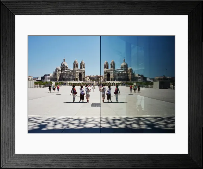 Framed Print : Mirror reflection of tourists and Marseille cathedral, Marseille, France