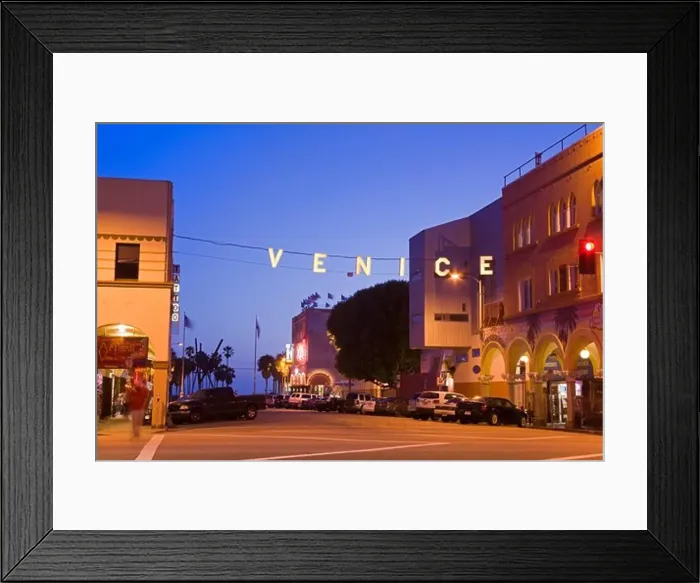 Framed Print : Buildings lit up at night, Venice Beach, Los Angeles, California, USA Framed Print : Buildings lit up at night, Venice Beach, Los Angeles, California, USA