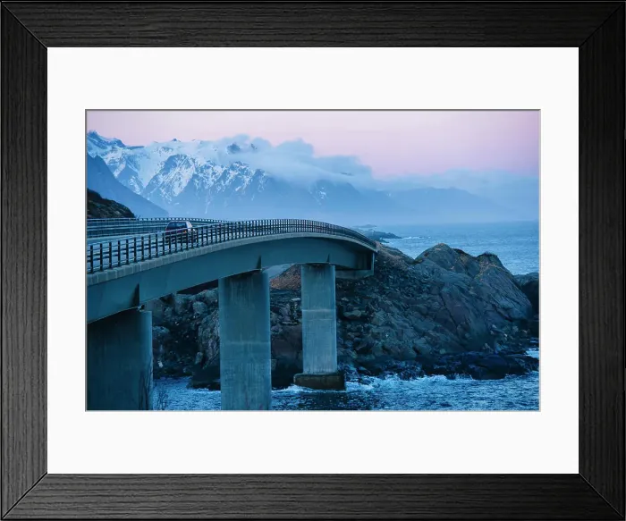 Framed Print : Vehicle crossing coastal bridge at dusk, Reine, Lofoten, Norway