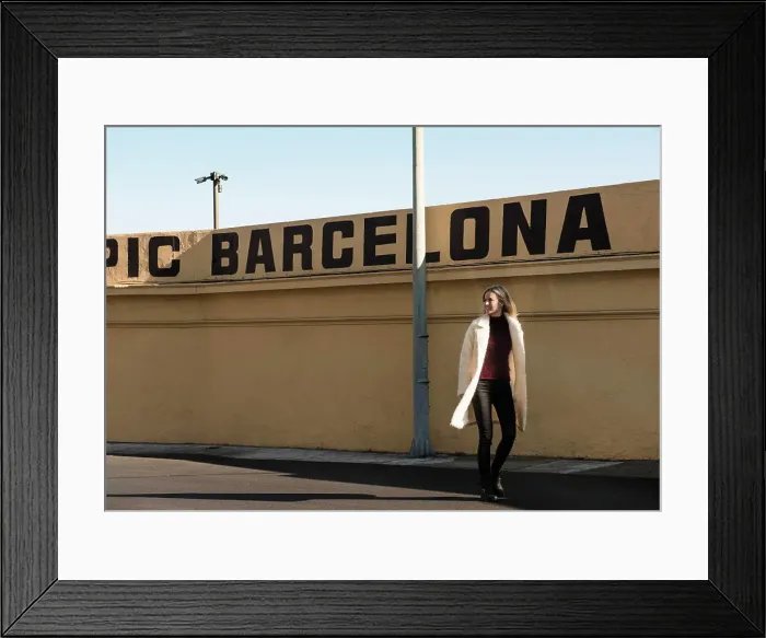 Framed Print : Female tourist strolling by wall with Barcelona in capital letters, Barcelona, Spain Framed Print : Female tourist strolling by wall with Barcelona in capital letters, Barcelona, Spain