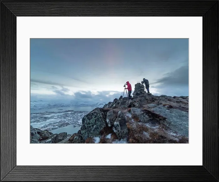 Framed Print : Photographers on the Hoven, a mountain at the Lofoten in Norway Framed Print : Photographers on the Hoven, a mountain at the Lofoten in Norway