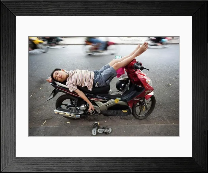 Framed Print : Vietnam, Vietnam, Ho Chi Minh City, Boy Sleeping on Motorbike Framed Print : Vietnam, Vietnam, Ho Chi Minh City, Boy Sleeping on Motorbike