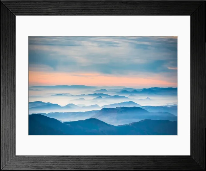 Framed Print : Sunset in the mountains. Dramatic colorful clouds over blue hills Framed Print : Sunset in the mountains. Dramatic colorful clouds over blue hills