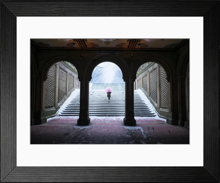 Framed Print : Asian woman walking up steps into snow Framed Print : Asian woman walking up steps into snow