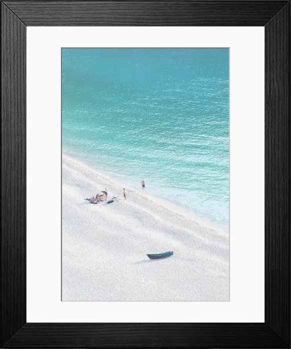 Framed Print : Beach in Greece with boat and bathers, Kefalonia, Greece