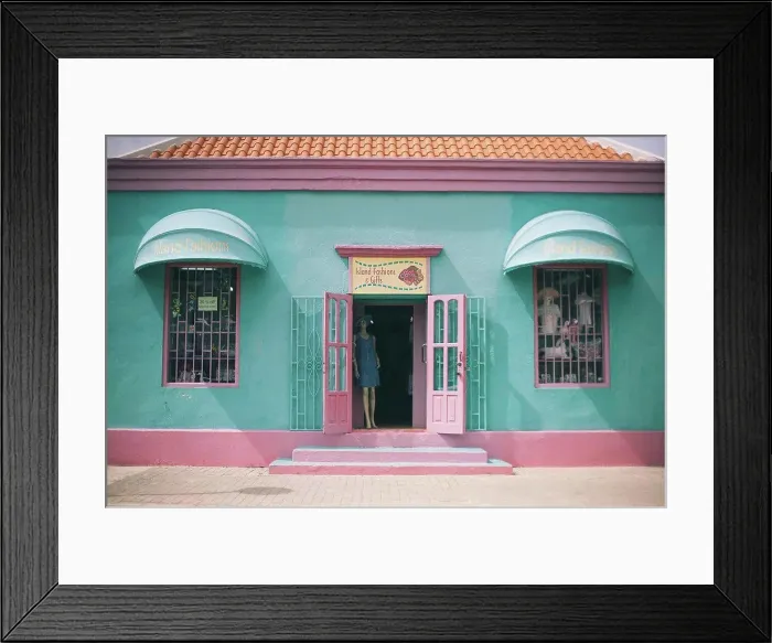 Framed Print : turquoise and pink shop in old house on bonaire island Framed Print : turquoise and pink shop in old house on bonaire island