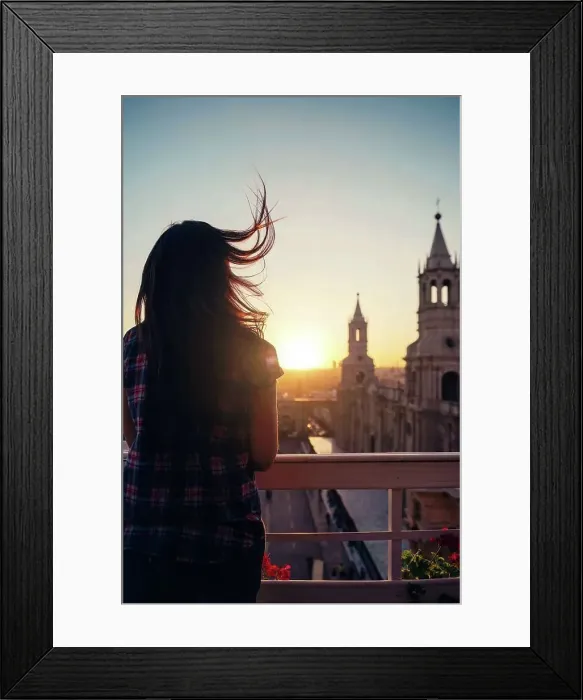 Framed Print : Peru, Arequipa, woman looking at Plaza de Armas enjoying sunset