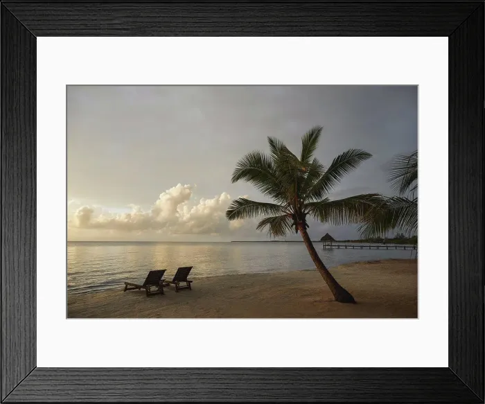 Framed Print : Belize, Placencia, Lounge chairs on tropical beach at sunset Framed Print : Belize, Placencia, Lounge chairs on tropical beach at sunset