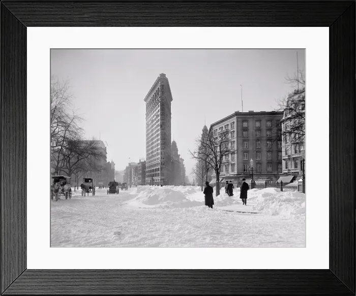 Framed Print : Street Scene with Flatiron Building in Background after Snow Storm, New York City, USA, circa 1905 Framed Print : Street Scene with Flatiron Building in Background after Snow Storm, New York City, USA, circa 1905