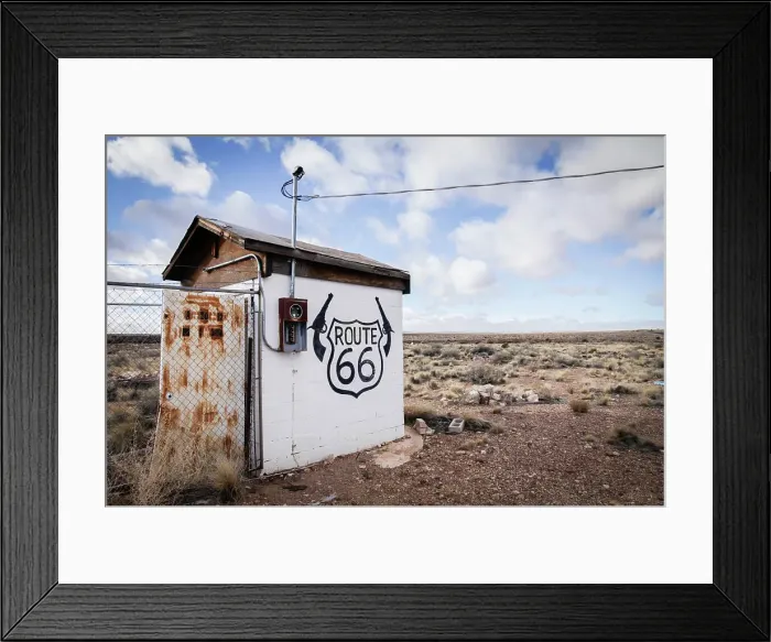 Framed Print : USA, Arizona, Two Guns, Route 66 sign on old building