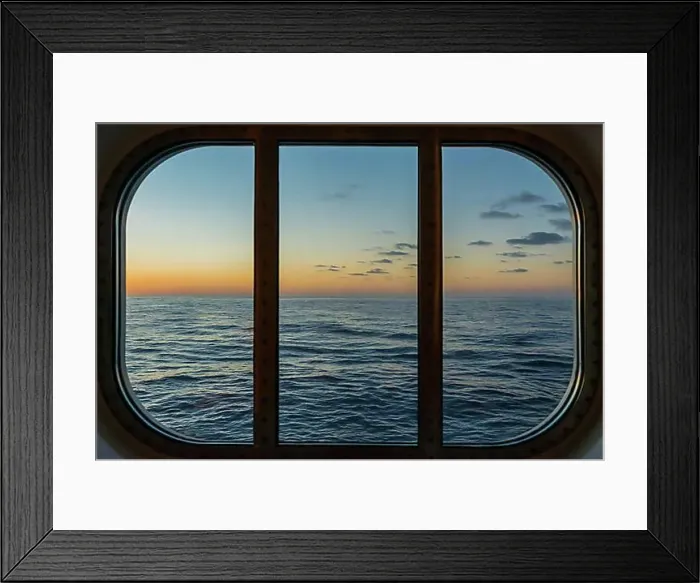 Framed Print : View through the cabin window of a cruise ship at evening mood, sea, window, cruise