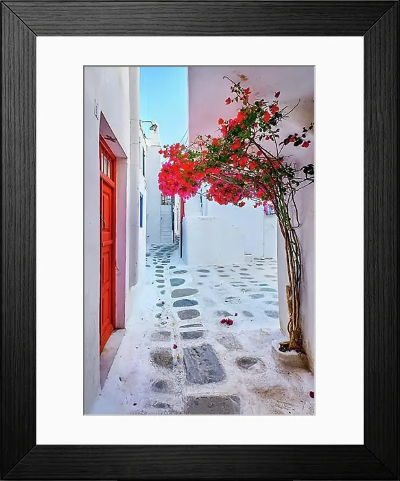 Framed Print : Traditional narrow streets, beautiful alleyways of Greek island towns Framed Print : Traditional narrow streets, beautiful alleyways of Greek island towns