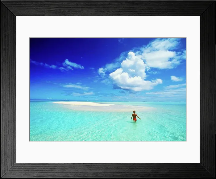 Framed Print : French Polynesia, Tahiti, Bora Bora, calm turquoise ocean surrounds sand islet, woman wading, view from behind Framed Print : French Polynesia, Tahiti, Bora Bora, calm turquoise ocean surrounds sand islet, woman wading, view from behind