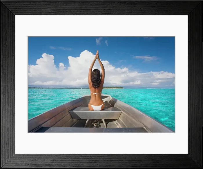 Framed Print : French Polynesia, Tahiti, Bora Bora, Woman Sitting In Boat Framed Print : French Polynesia, Tahiti, Bora Bora, Woman Sitting In Boat