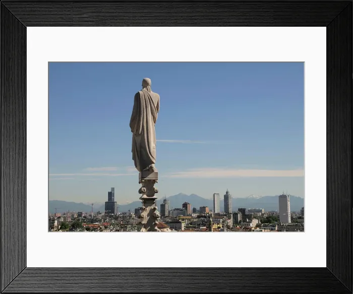 Framed Print : Italy, Lombardy, Milan, Duomo spires with statue and city views Framed Print : Italy, Lombardy, Milan, Duomo spires with statue and city views