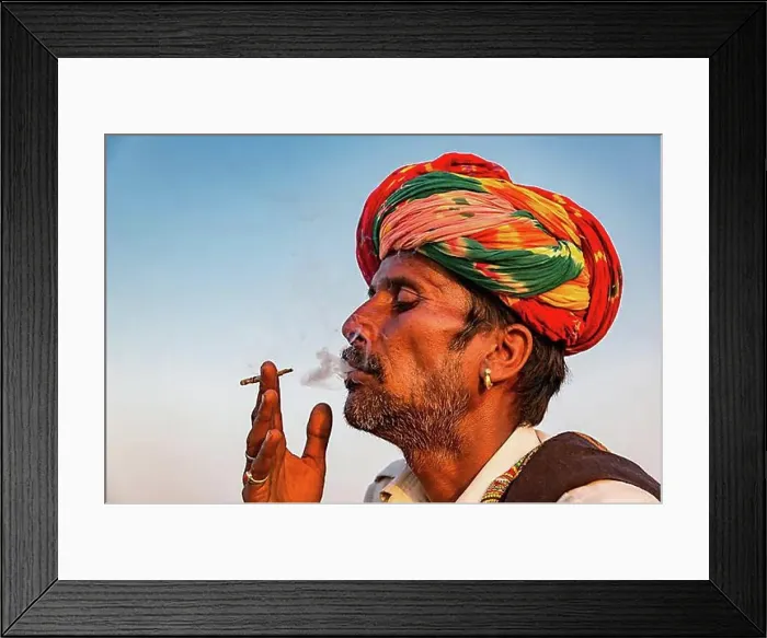 Framed Print : Portrait of Rajasthani man with turban smoking a cigarette, Pushkar, Rajasthan, India, Asia Framed Print : Portrait of Rajasthani man with turban smoking a cigarette, Pushkar, Rajasthan, India, Asia