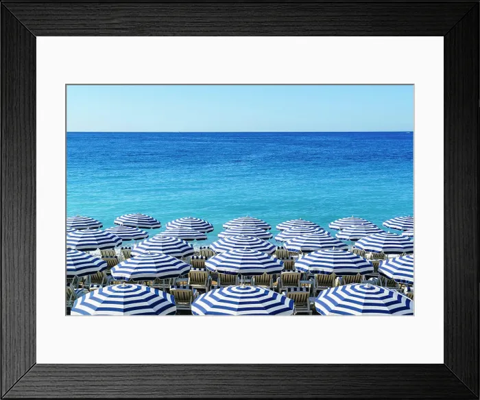 Framed Print : Blue and white beach parasols, Nice, Alpes Maritimes, Cote d'Azur, Provence, France, Mediterranean, Europe