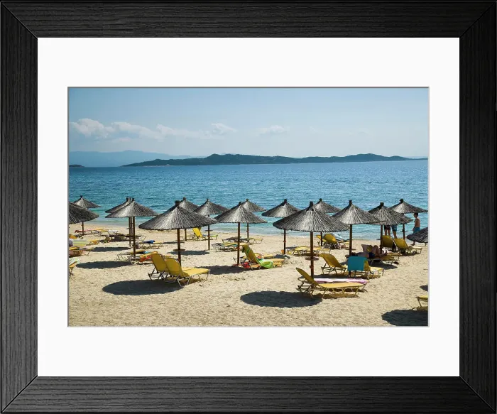 Framed Print : Greece, Halkidiki, Beach umbrellas and chairs on tourist beach; Ouranoupoli Framed Print : Greece, Halkidiki, Beach umbrellas and chairs on tourist beach; Ouranoupoli
