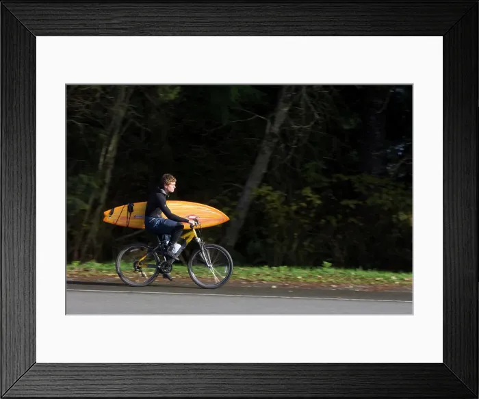 Framed Print : Young man rides bicycle with surf board at Tofino, Vancouver Island, British Columbia, Canada Framed Print : Young man rides bicycle with surf board at Tofino, Vancouver Island, British Columbia, Canada