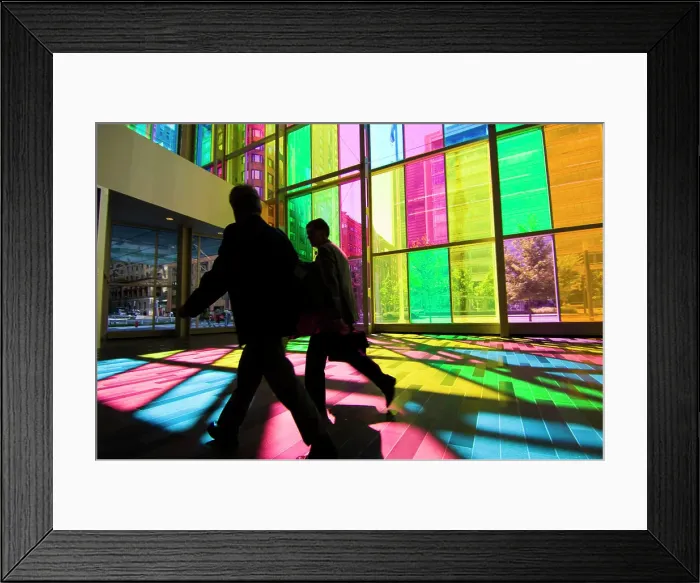 Framed Print : Businessmen in sillouette by coloured glass walls of the Palais de Congres de Montreal Montreal convention center