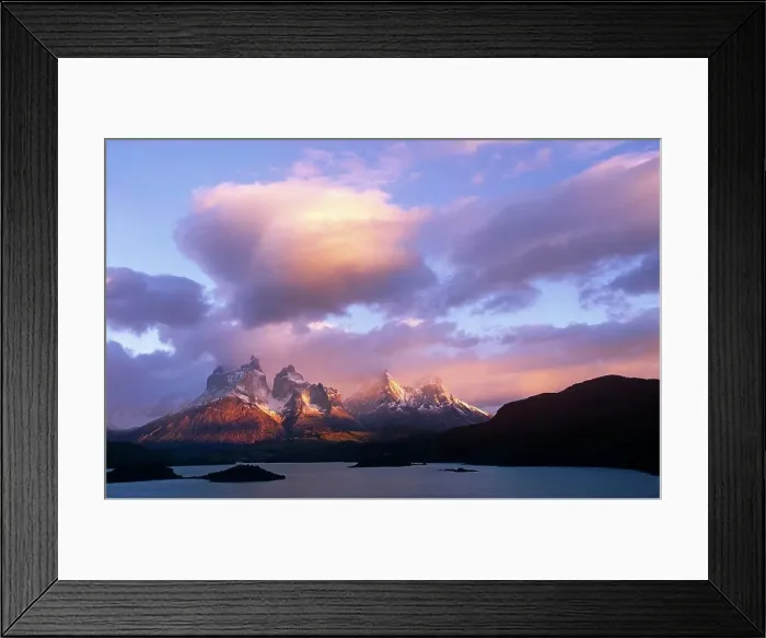 Framed Print : Chile, Torres del Paine National Park. Sunrise on the peaks of Los Cuernos Framed Print : Chile, Torres del Paine National Park. Sunrise on the peaks of Los Cuernos