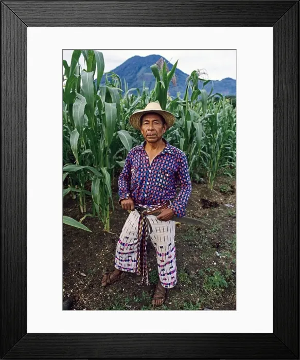 Framed Print : Mayan corn farmer wearing traditional hand woven clothing pauses under the San Pedro volcano near Lake Atitlan