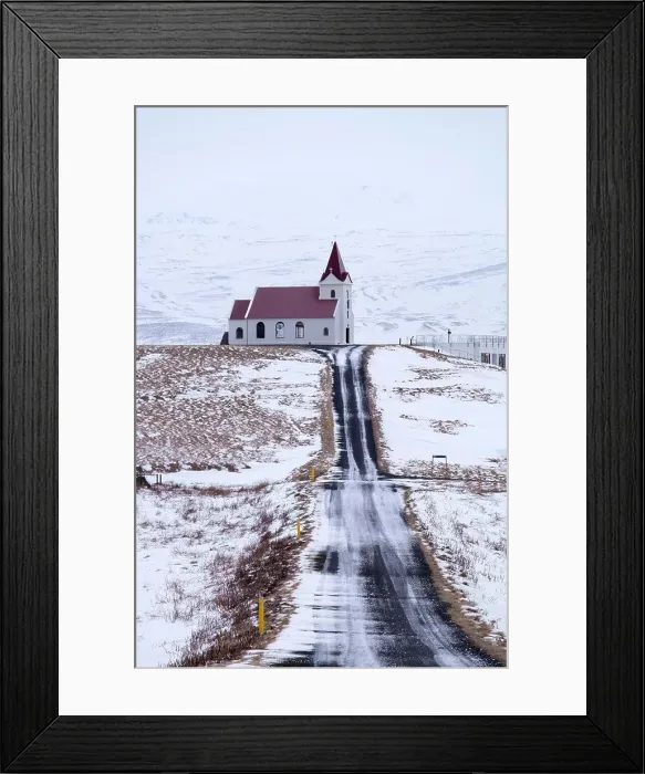 Framed Print : Ingjaldsholl church backed by the Snaefellsjokull volcano in winter