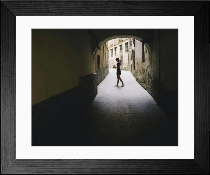 Framed Print : Teenage girl composing photo with digital camera, Gothic Quarter, Barcelona, Spain