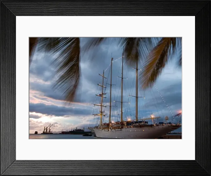 Framed Print : Sailing Cruiseship Star Flyer (Star Clippers Cruises) in home port of Papeete