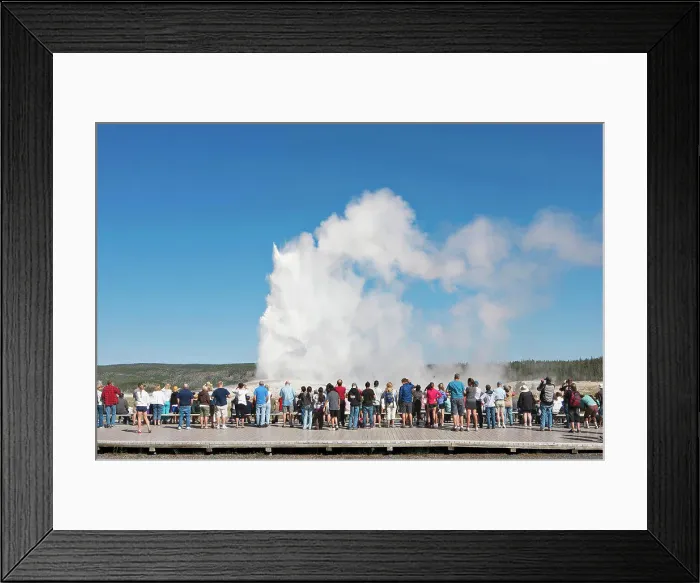 Framed Print : Rear view of tourists looking at geyser in Yellowstone Park Framed Print : Rear view of tourists looking at geyser in Yellowstone Park