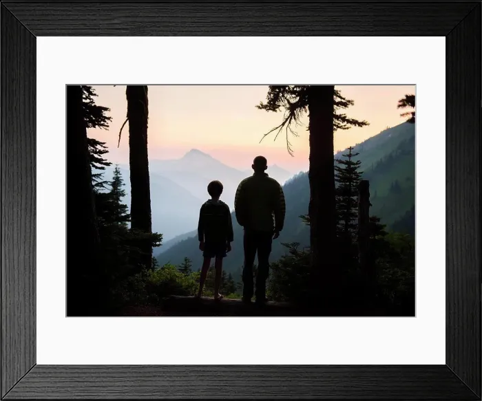 Framed Print : A boy and his dad enjoy the sunset together while camping Framed Print : A boy and his dad enjoy the sunset together while camping