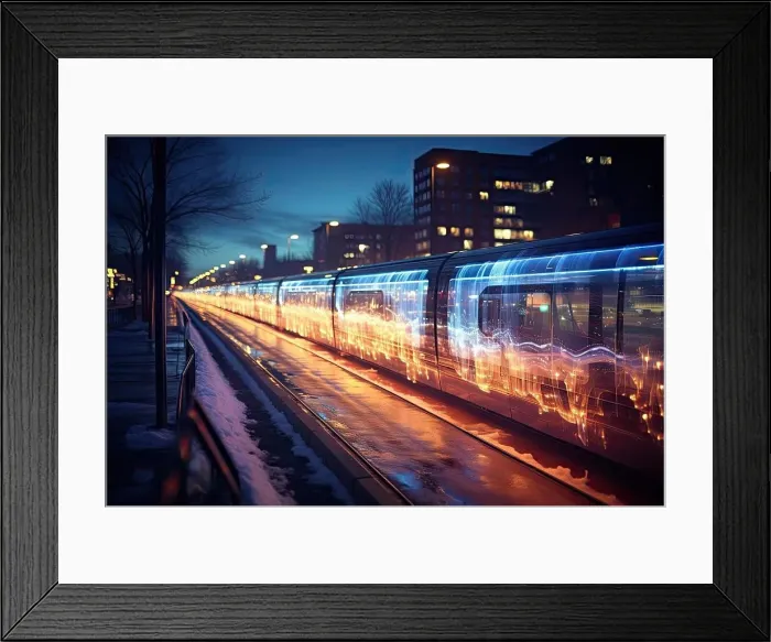 Framed Print : a train traveling down the tracks at night Framed Print : a train traveling down the tracks at night