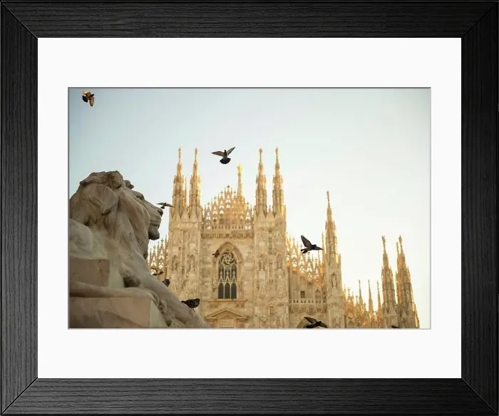 Framed Print : Milan Cathedral and Lion Statue with Sunlight in Lombardy, Italy Framed Print : Milan Cathedral and Lion Statue with Sunlight in Lombardy, Italy