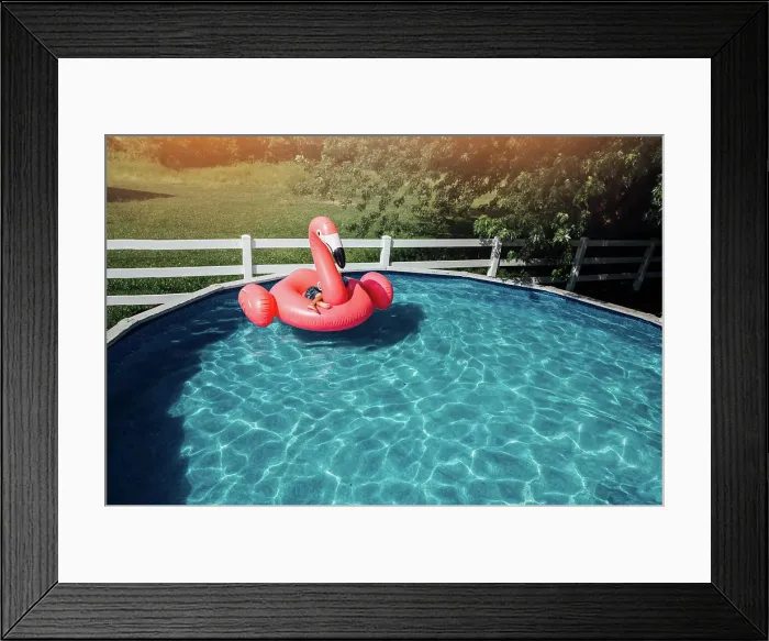 Framed Print : child on giant flamingo floatie in pool Framed Print : child on giant flamingo floatie in pool