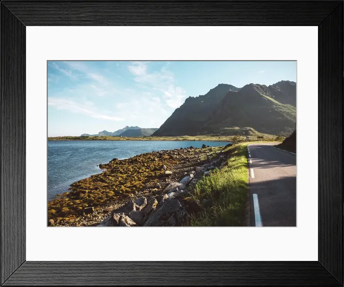 Framed Print : View of a road, mountains and a lake in Norway Framed Print : View of a road, mountains and a lake in Norway