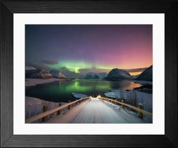 Framed Print : Bright Winter Night In Arctic Norway, Traffic trails at the fjor Framed Print : Bright Winter Night In Arctic Norway, Traffic trails at the fjor