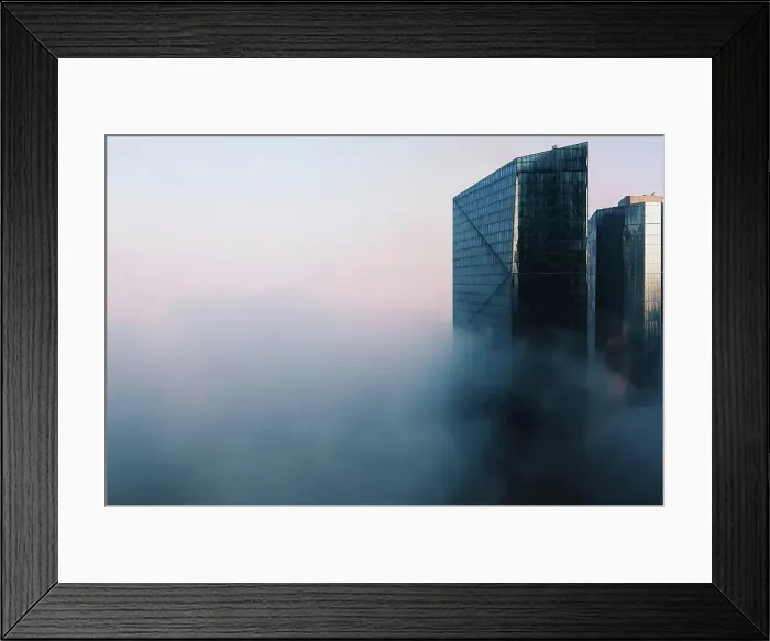 Framed Print : Dubai skyline with glass skyscrapers in fog Framed Print : Dubai skyline with glass skyscrapers in fog